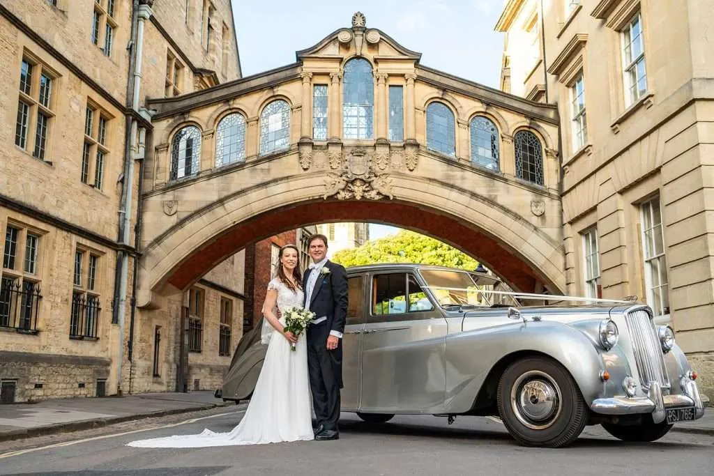 Bride and Groom Portrait at Hertford Bridge Oxford. Oxford University Wedding Photography by Matthew Ellacott Photography