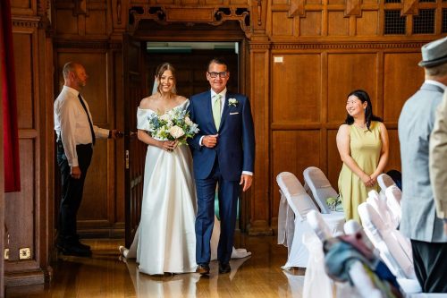 Oxford Town Hall Wedding Ceremony. Bride and Father of the Bride enter the Assembly Room.