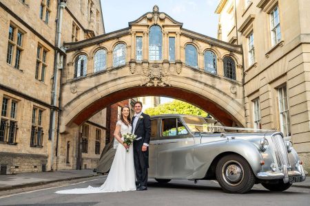 Bride and Groom Portrait at Hertford Bridge Oxford. Oxford University Wedding Photography by Matthew Ellacott Photography