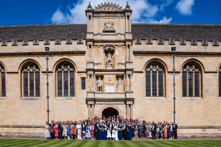 Wedding Group Photo at Wadham College Oxford. Oxford University Wedding Photography by Matthew Ellacott Photography
