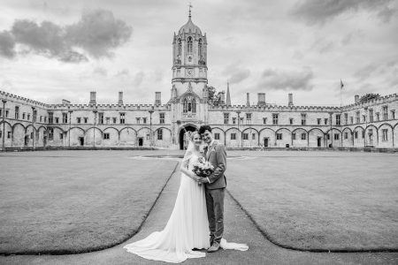 Bride and Groom Portrait at Christ Church College Oxford University. Wedding photography by Matthew Ellacott Photography